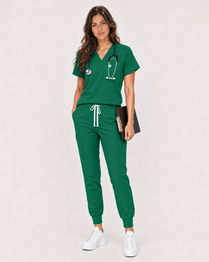 Hunter Green Eipnare Women's Classic V-Neck Jogger Scrub Set - Stretch Medical Scrubs for Women