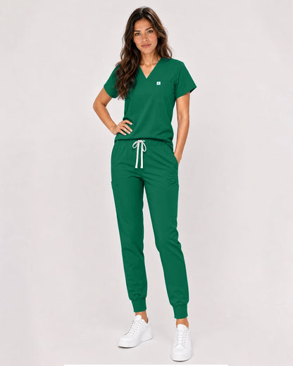 Hunter Green Eipnare Women's Classic V-Neck Jogger Scrub Set - Stretch Medical Scrubs for Women