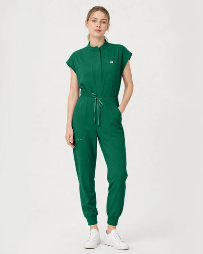 Hunter Green Eipnare Women's Zip-Front Sleeveless Scrub Jumpsuit - Stretch Medical Scrubs for Women