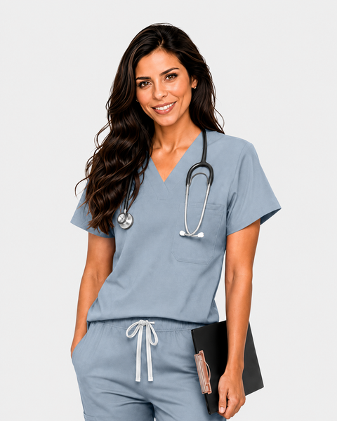 Eipnare Women's Classic V-Neck Uniform Top - Light Blue