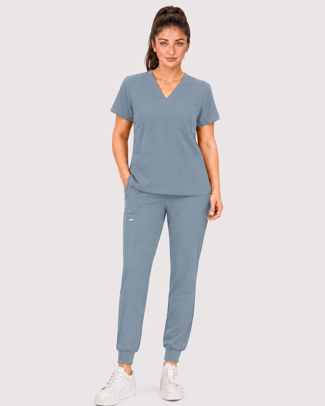Light Blue Eipnare Women's 3-Pocket V-Neck Jogger Scrub Set - Stretch Medical Scrubs for Women