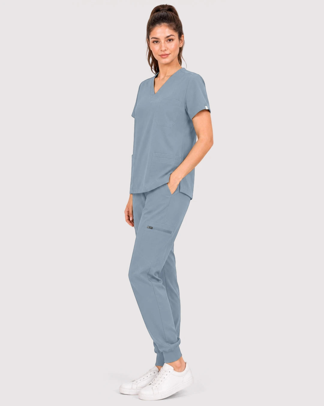 Light Blue Eipnare Women's 3-Pocket V-Neck Jogger Scrub Set - Stretch Medical Scrubs for Women