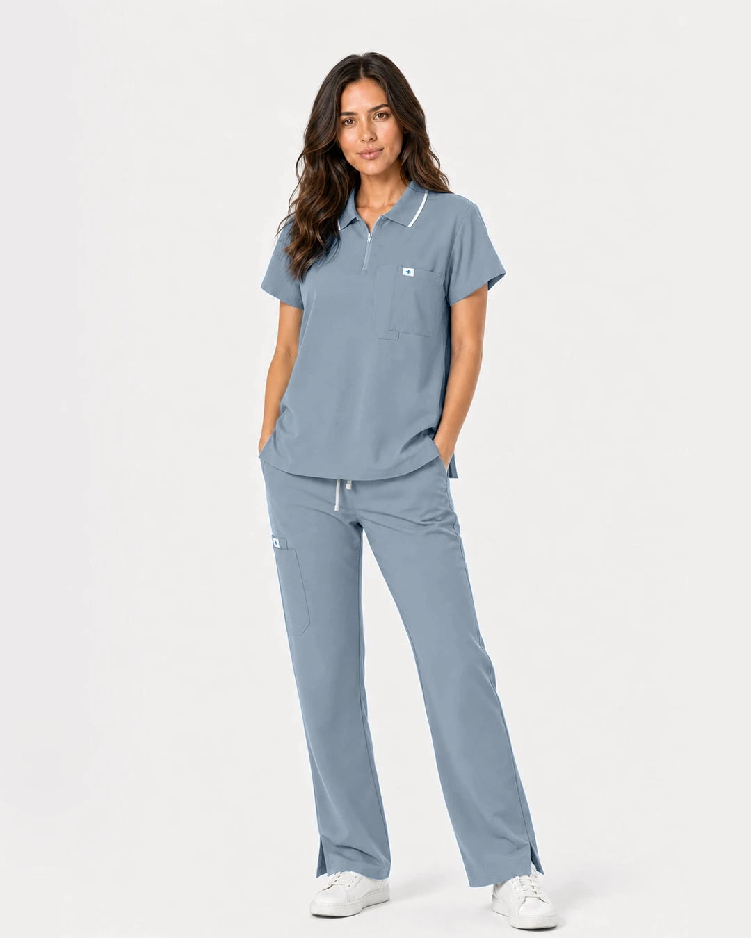 Light Blue Eipnare Women's Zip Polo Straight-Leg Scrub Set - Stretch Medical Scrubs for Women
