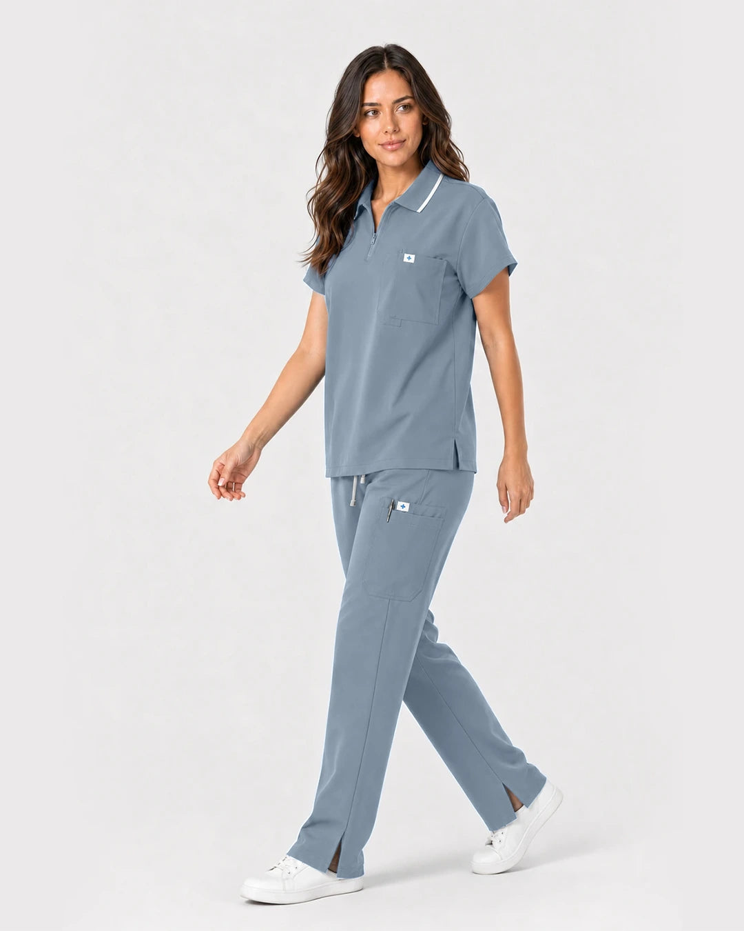 Light Blue Eipnare Women's Zip Polo Straight-Leg Scrub Set - Stretch Medical Scrubs for Women