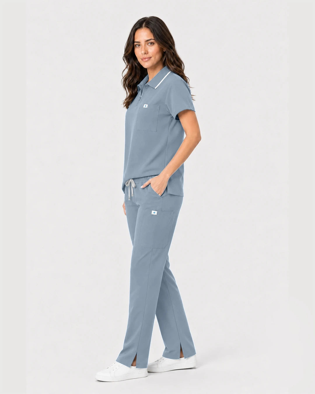 Light Blue Eipnare Women's Zip Polo Straight-Leg Scrub Set - Stretch Medical Scrubs for Women