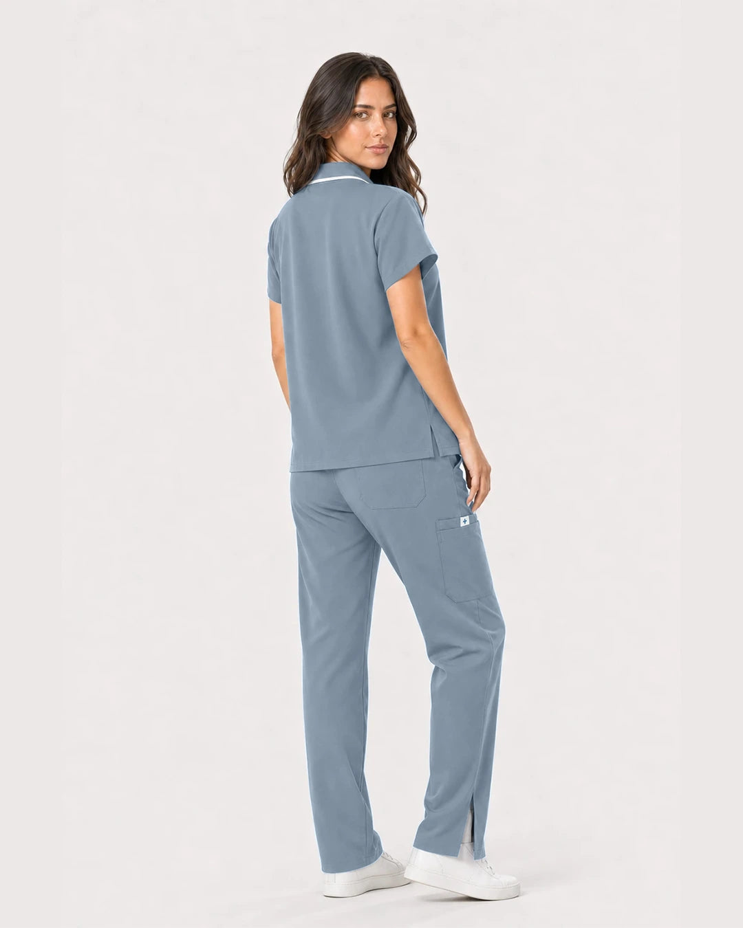 Light Blue Eipnare Women's Zip Polo Straight-Leg Scrub Set - Stretch Medical Scrubs for Women