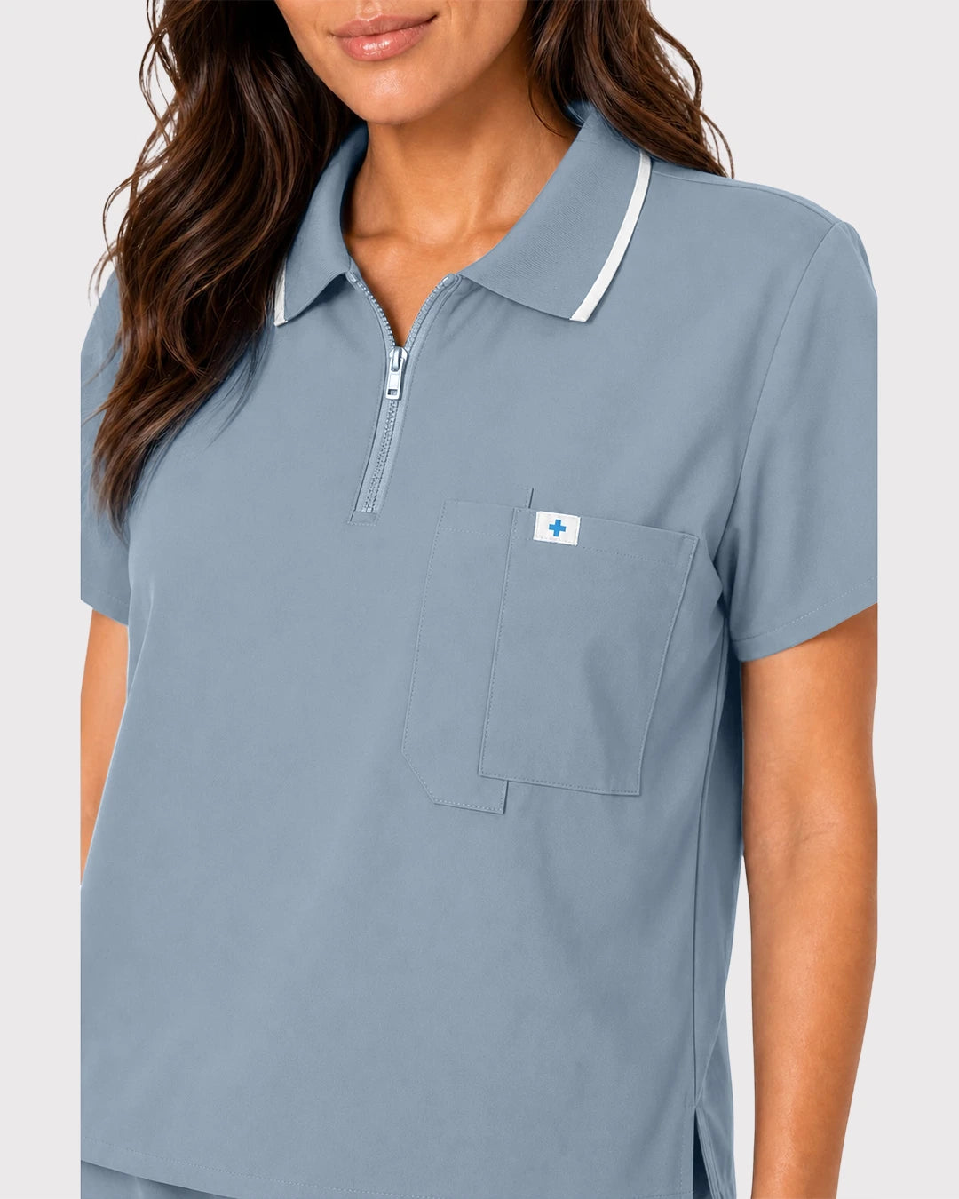 Light Blue Eipnare Women's Zip Polo Straight-Leg Scrub Set - Stretch Medical Scrubs for Women
