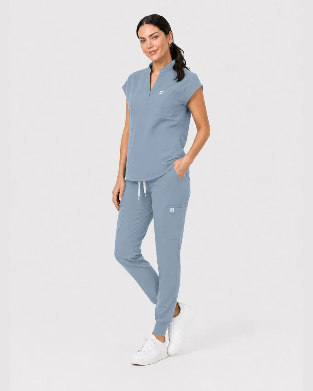 Light Blue Eipnare Women's Henley Sleeveless Jogger Scrub Set - Stretch Medical Scrubs for Women
