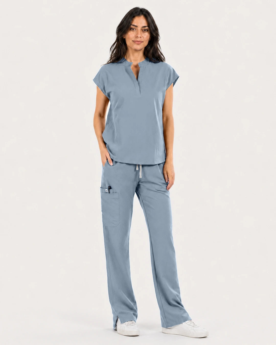 Light Blue Eipnare Women's Mandarin Sleeveless Straight-Leg Scrub Set - Stretch Medical Scrubs for Women