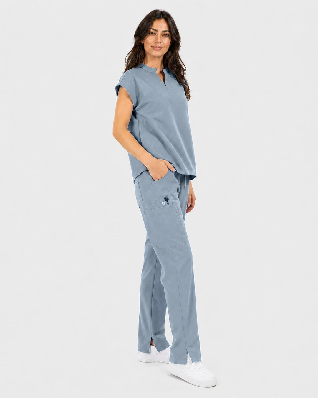 Light Blue Eipnare Women's Mandarin Sleeveless Straight-Leg Scrub Set - Stretch Medical Scrubs for Women