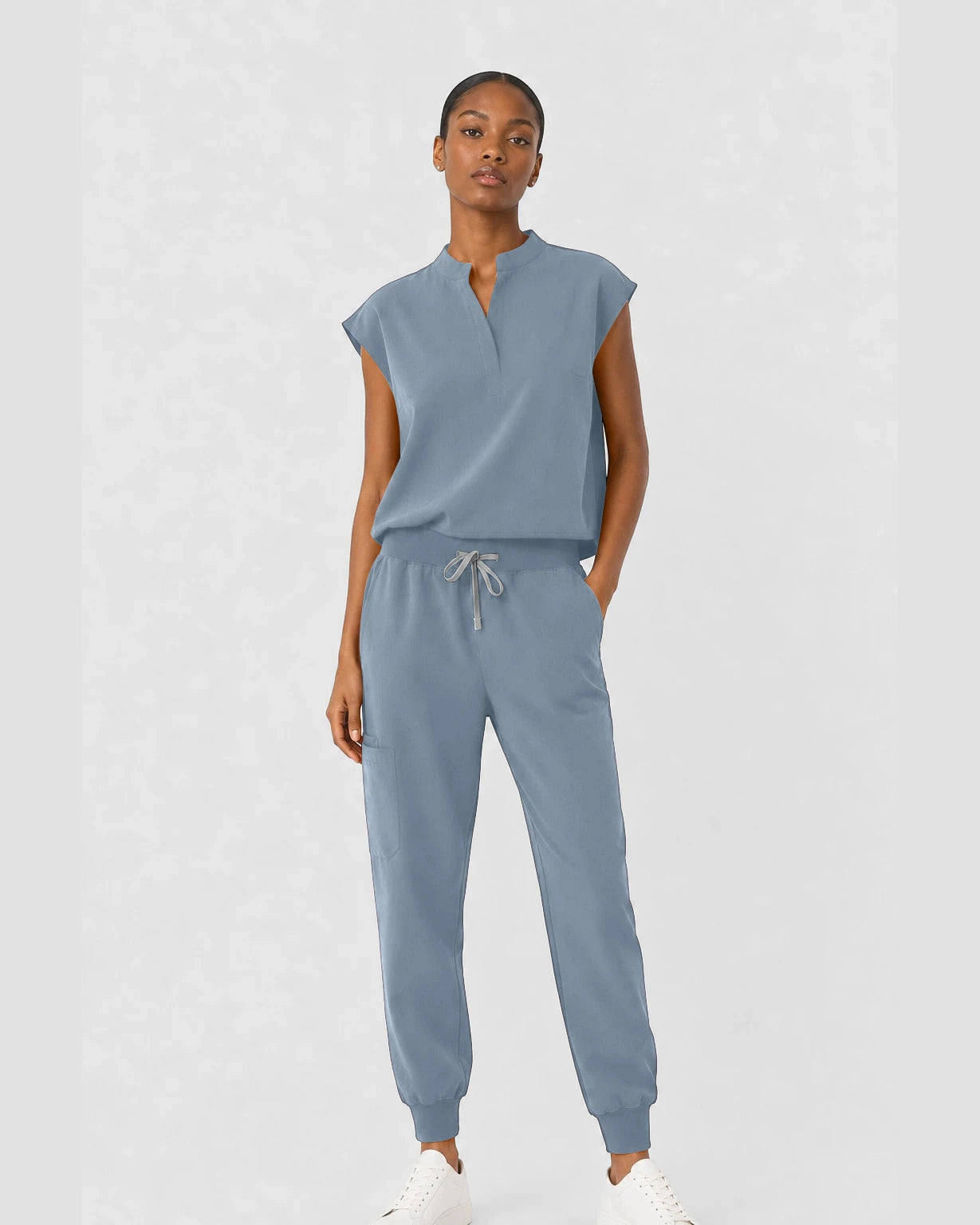 Light Blue Eipnare Women's Sleeveless Mandarin Collar Jogger Scrub Set - Stretch Medical Scrubs for Women
