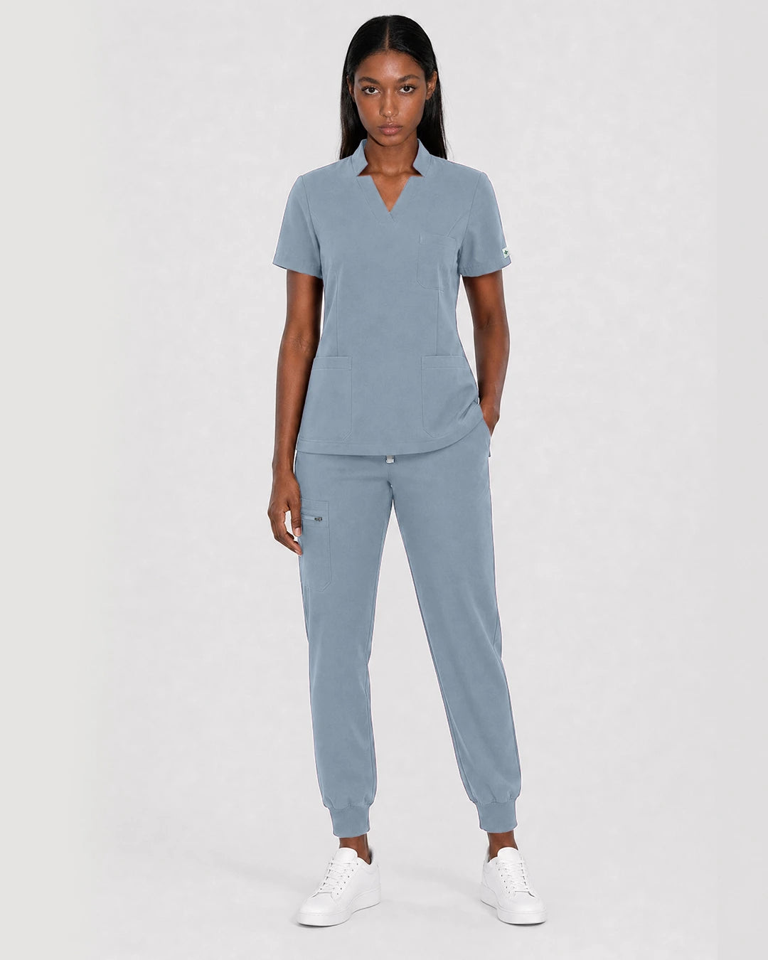 Light Blue Eipnare Women's Split V-Neck Cargo Jogger Scrub Set - Stretch Medical Scrubs for Women