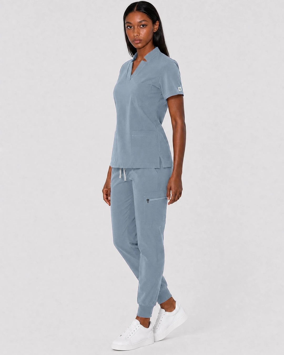 Light Blue Eipnare Women's Split V-Neck Cargo Jogger Scrub Set - Stretch Medical Scrubs for Women