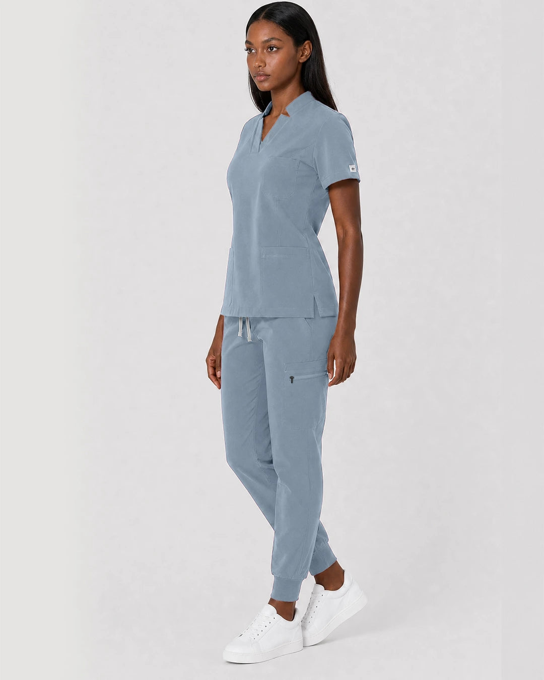 Light Blue Eipnare Women's Split V-Neck Cargo Jogger Scrub Set - Stretch Medical Scrubs for Women