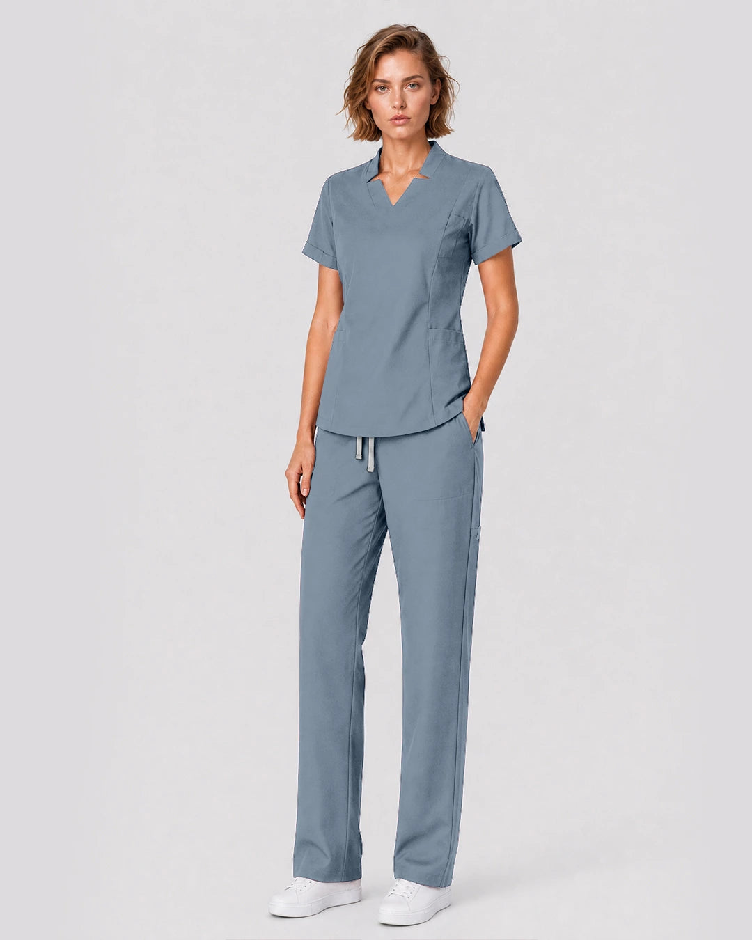 Light Blue Eipnare Women's Split V-Neck Tapered Scrub Set - Stretch Medical Scrubs for Women