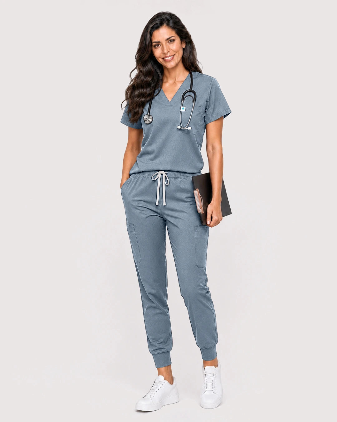 Light Blue Eipnare Women's Knit V-Neck Jogger Scrub Set - Stretch Medical Scrubs for Women