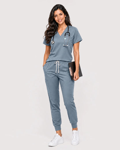 Light Blue Eipnare Women's Knit V-Neck Jogger Scrub Set - Stretch Medical Scrubs for Women