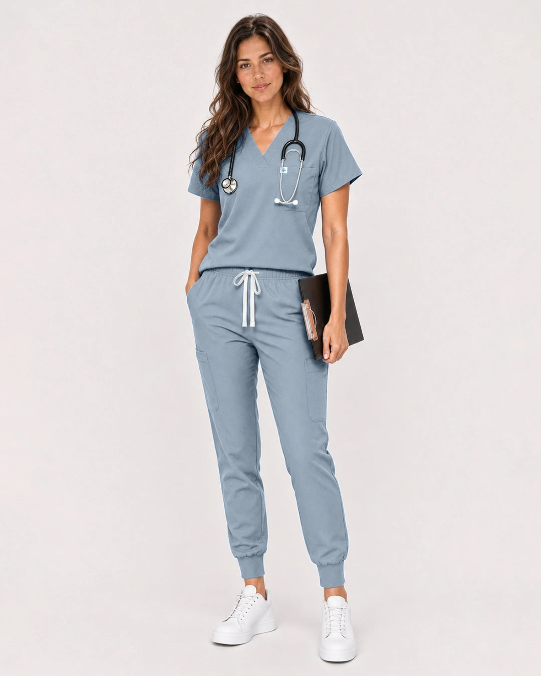 Light Blue Eipnare Women's Classic V-Neck Jogger Scrub Set - Stretch Medical Scrubs for Women
