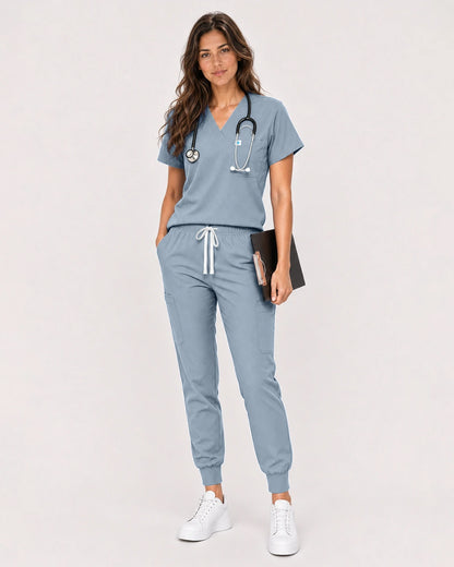 Light Blue Eipnare Women's Classic V-Neck Jogger Scrub Set - Stretch Medical Scrubs for Women