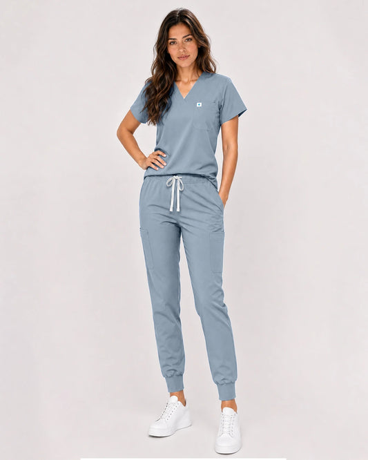 Light Blue Eipnare Women's Classic V-Neck Jogger Scrub Set - Stretch Medical Scrubs for Women