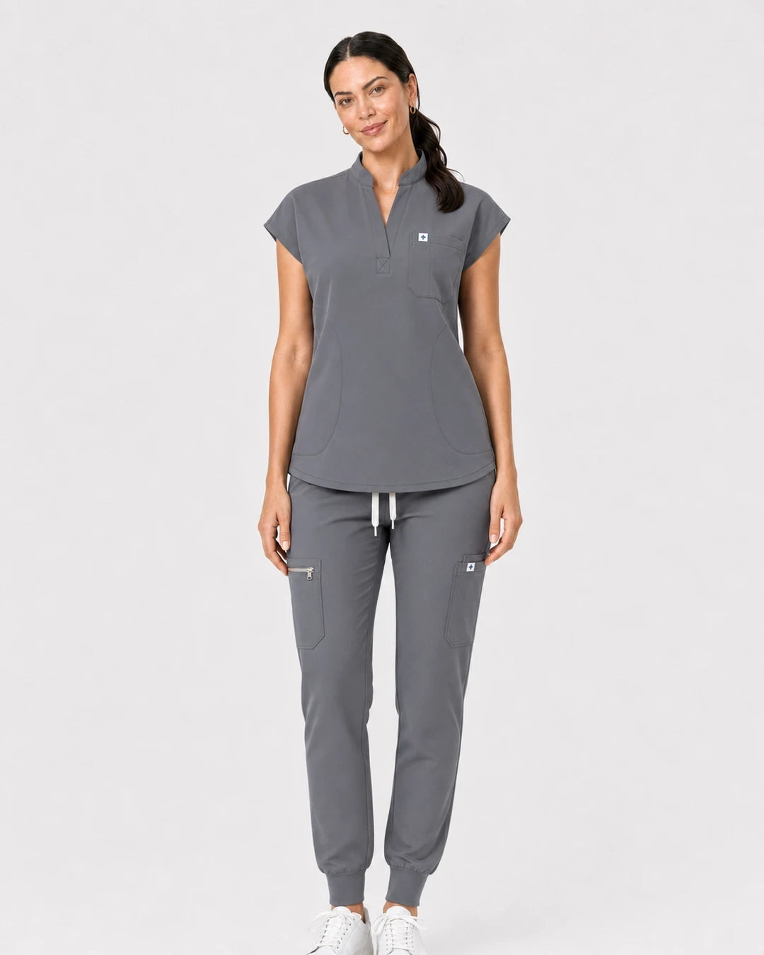 Light Grey Eipnare Women's 8-Pocket V-Neck Jogger Scrub Set - Stretch Medical Scrubs for Women