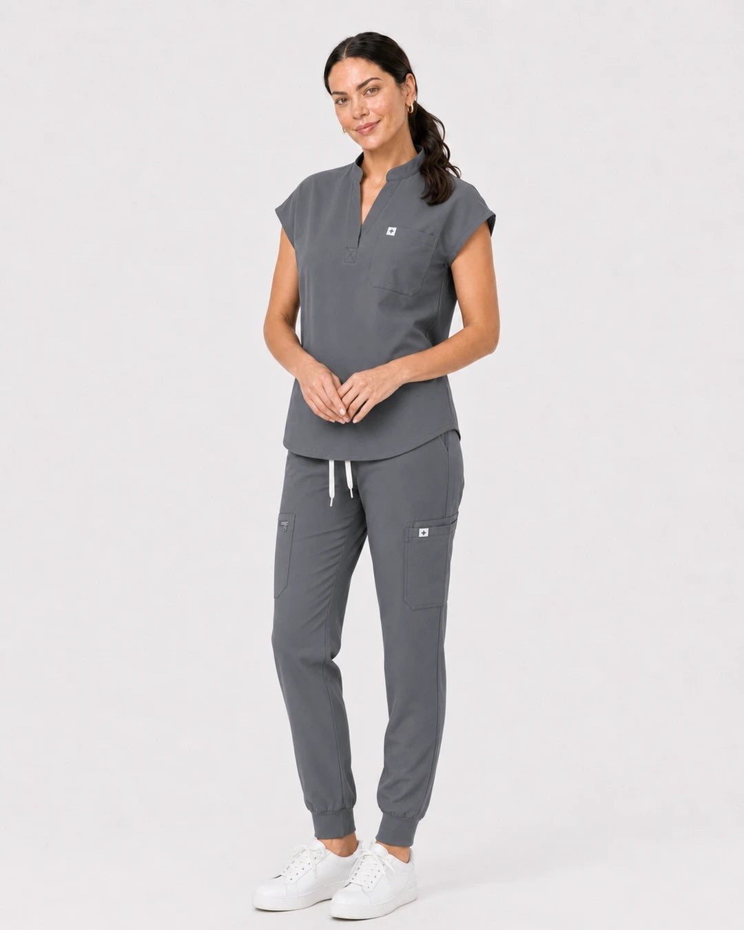 Light Grey Eipnare Women's 8-Pocket V-Neck Jogger Scrub Set - Stretch Medical Scrubs for Women