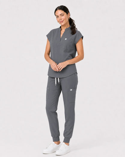 Light Grey Eipnare Women's 8-Pocket V-Neck Jogger Scrub Set - Stretch Medical Scrubs for Women