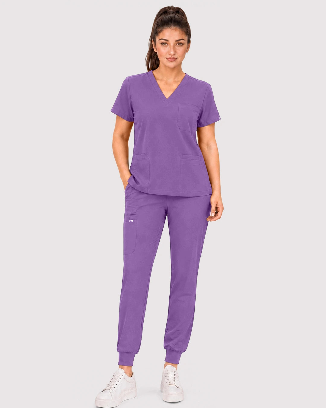 Light Purple Eipnare Women's 3-Pocket V-Neck Jogger Scrub Set - Stretch Medical Scrubs for Women