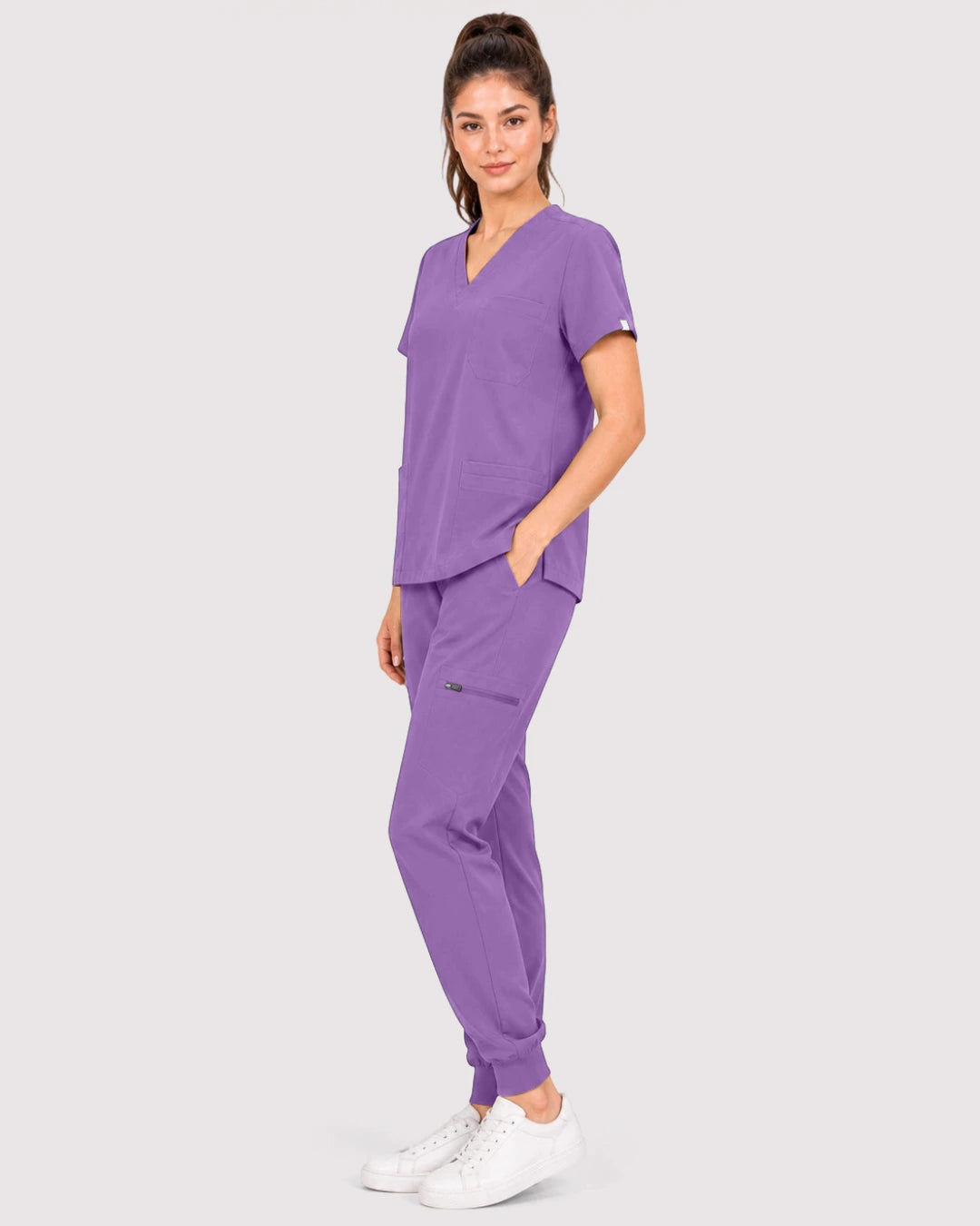 Light Purple Eipnare Women's 3-Pocket V-Neck Jogger Scrub Set - Stretch Medical Scrubs for Women