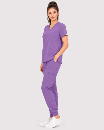 Light Purple Eipnare Women's 3-Pocket V-Neck Jogger Scrub Set - Stretch Medical Scrubs for Women