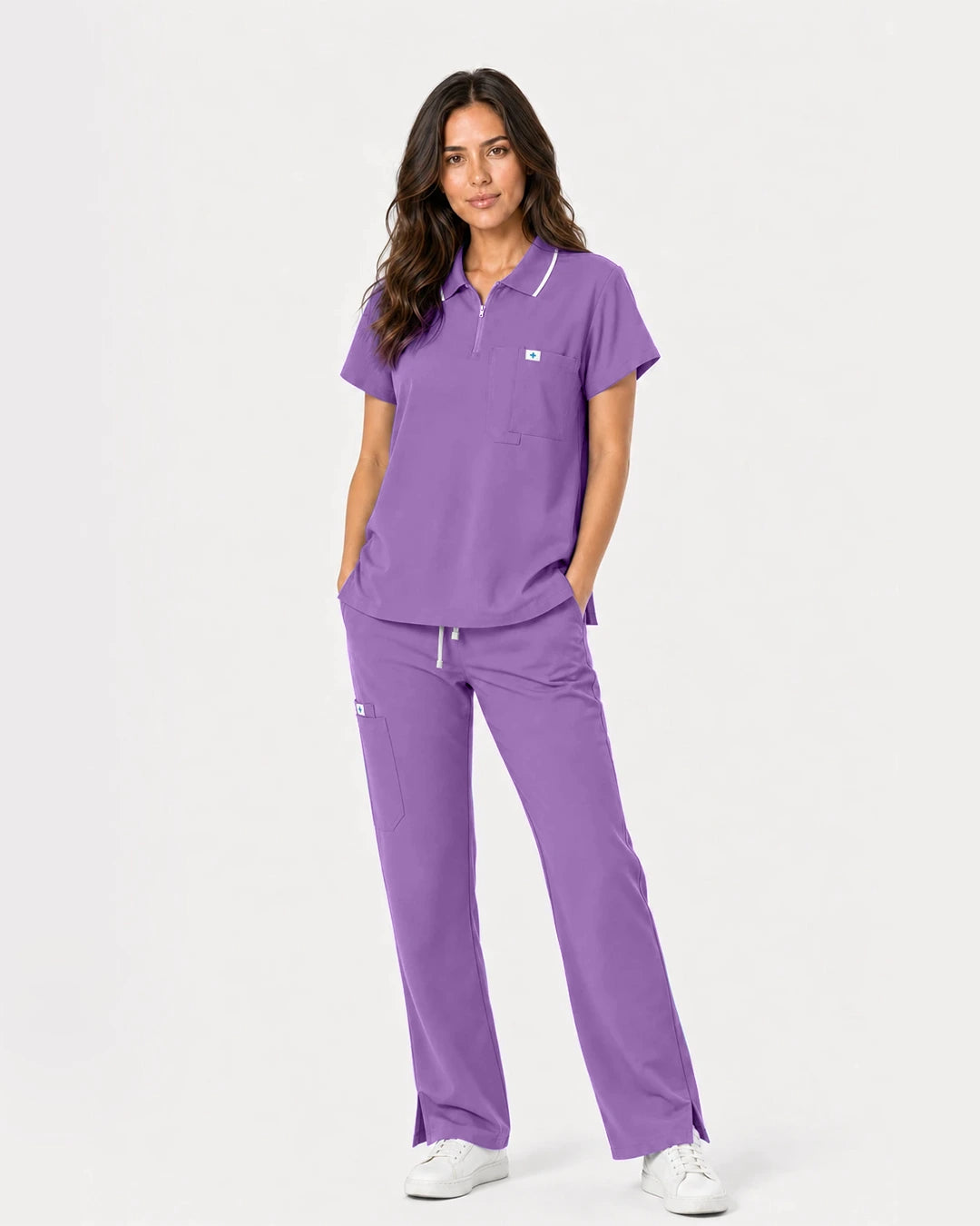 Light Purple Eipnare Women's Zip Polo Straight-Leg Scrub Set - Stretch Medical Scrubs for Women
