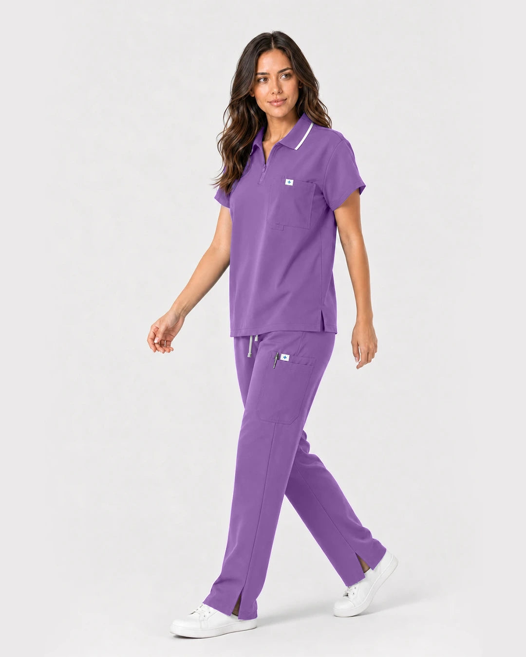 Light Purple Eipnare Women's Zip Polo Straight-Leg Scrub Set - Stretch Medical Scrubs for Women
