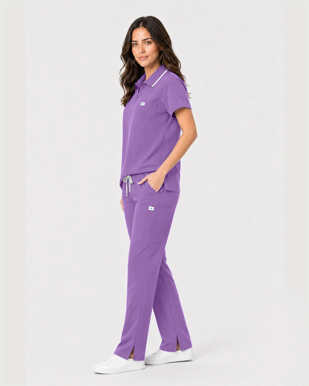 Light Purple Eipnare Women's Zip Polo Straight-Leg Scrub Set - Stretch Medical Scrubs for Women