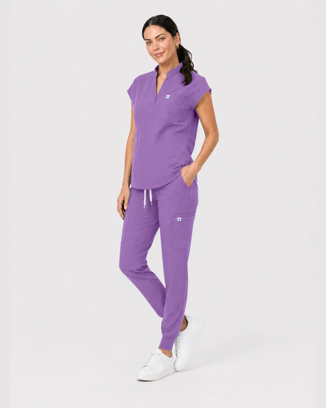 Light Purple Eipnare Women's Henley Sleeveless Jogger Scrub Set - Stretch Medical Scrubs for Women