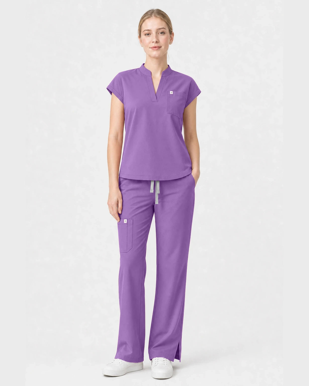 Light Purple Eipnare Women's Henley Sleeveless Straight-Leg Scrub Set - Stretch Medical Scrubs for Women