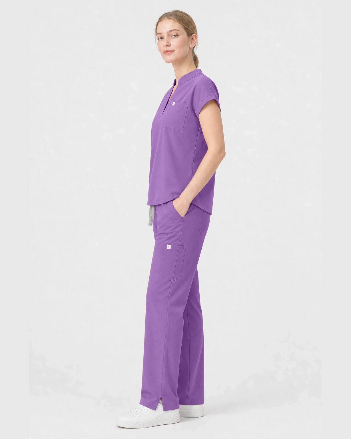 Light Purple Eipnare Women's Henley Sleeveless Straight-Leg Scrub Set - Stretch Medical Scrubs for Women