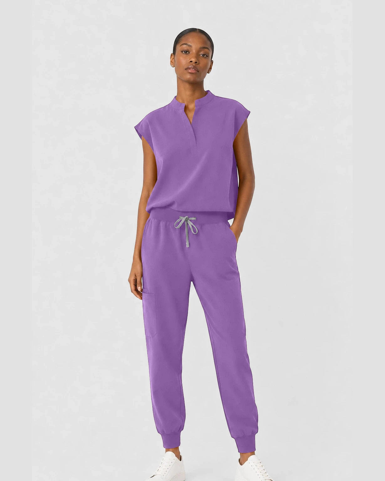 Light Purple Eipnare Women's Sleeveless Mandarin Collar Jogger Scrub Set - Stretch Medical Scrubs for Women