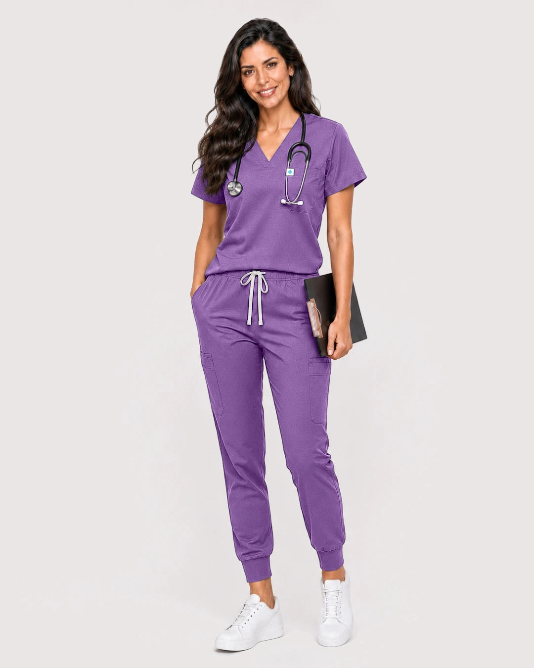 Light Purple Eipnare Women's Knit V-Neck Jogger Scrub Set - Stretch Medical Scrubs for Women
