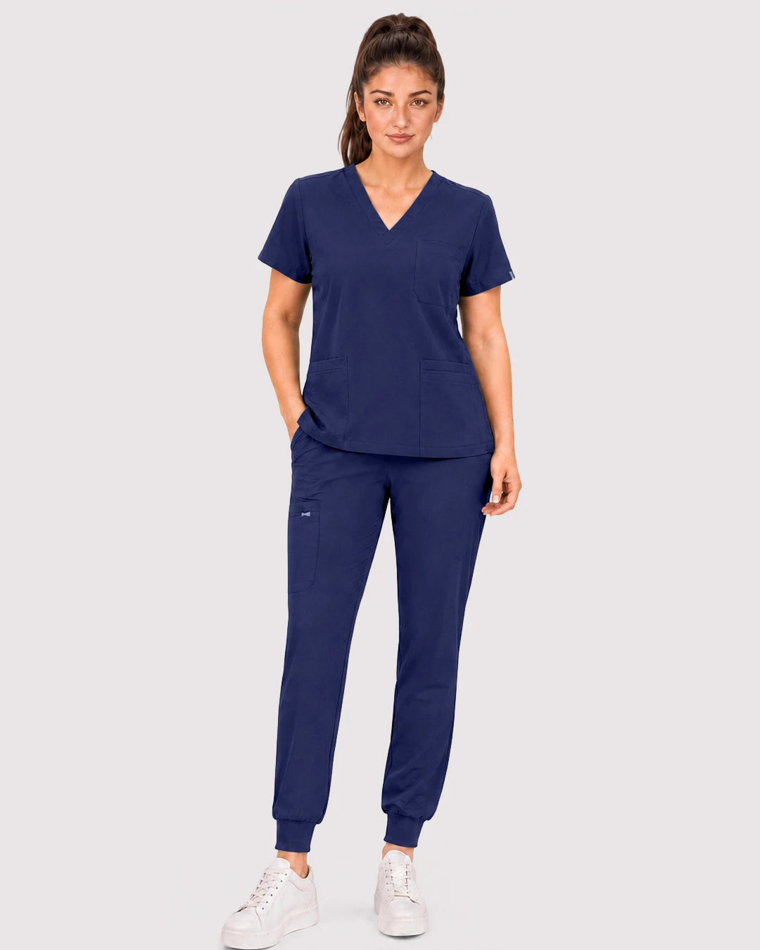 Navy Blue Eipnare Women's 3-Pocket V-Neck Jogger Scrub Set - Stretch Medical Scrubs for Women