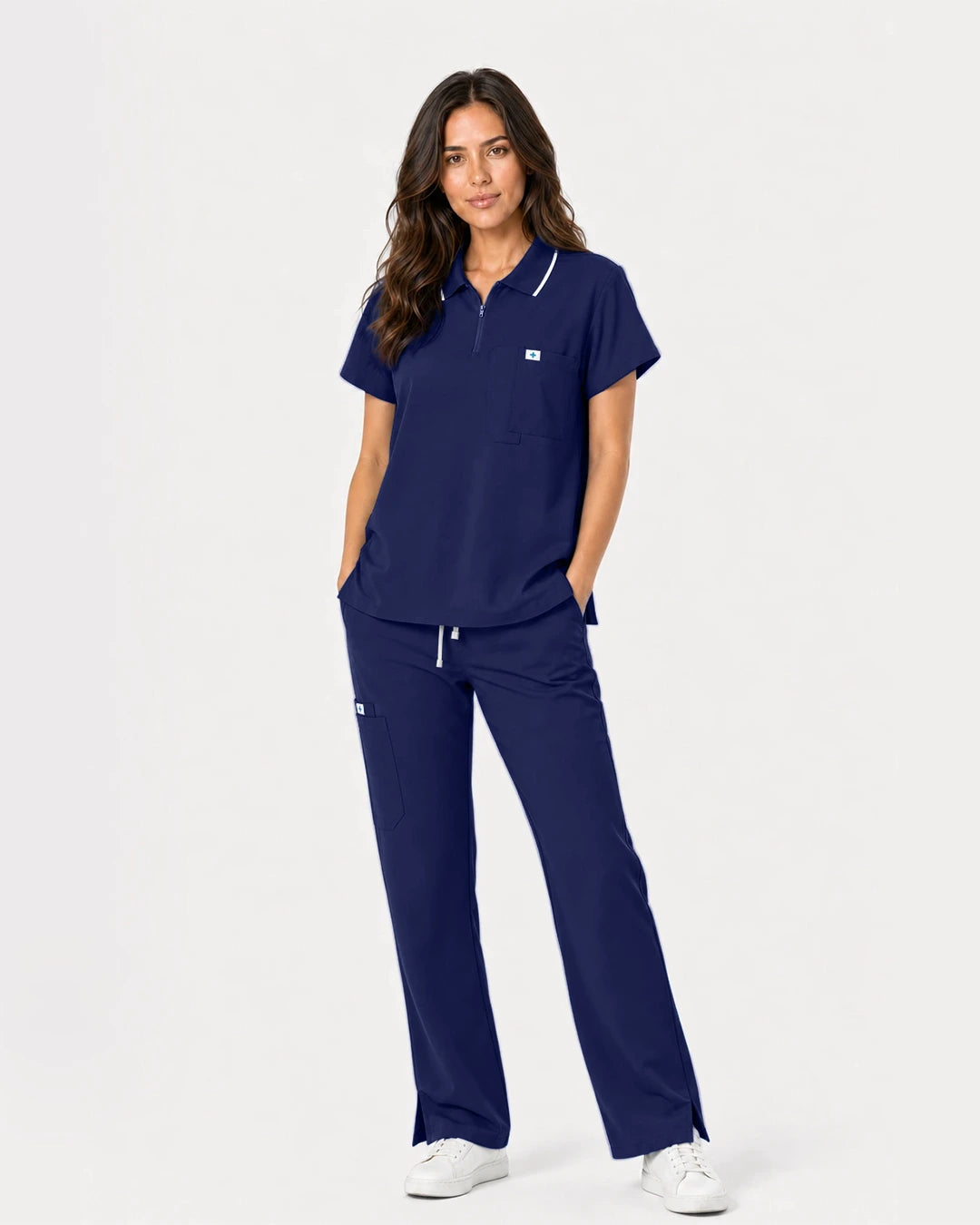 Navy Blue Eipnare Women's Zip Polo Straight-Leg Scrub Set - Stretch Medical Scrubs for Women
