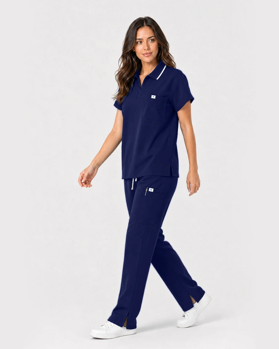 Navy Blue Eipnare Women's Zip Polo Straight-Leg Scrub Set - Stretch Medical Scrubs for Women