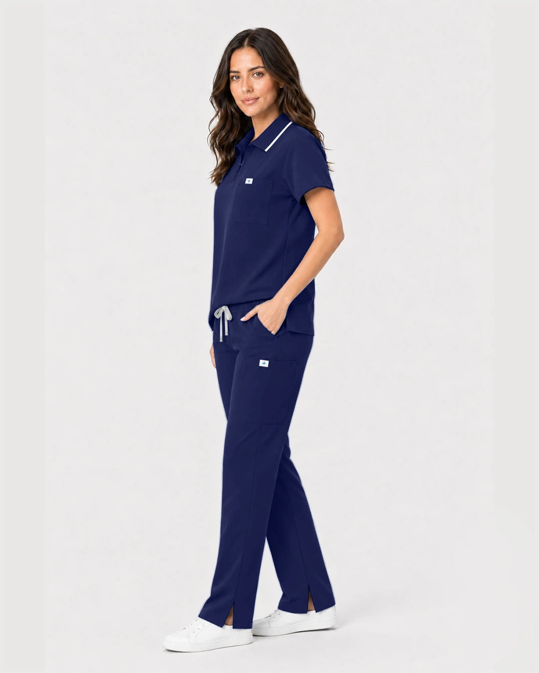 Navy Blue Eipnare Women's Zip Polo Straight-Leg Scrub Set - Stretch Medical Scrubs for Women