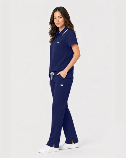 Navy Blue Eipnare Women's Zip Polo Straight-Leg Scrub Set - Stretch Medical Scrubs for Women
