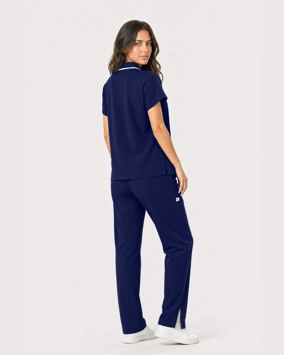 Navy Blue Eipnare Women's Zip Polo Straight-Leg Scrub Set - Stretch Medical Scrubs for Women