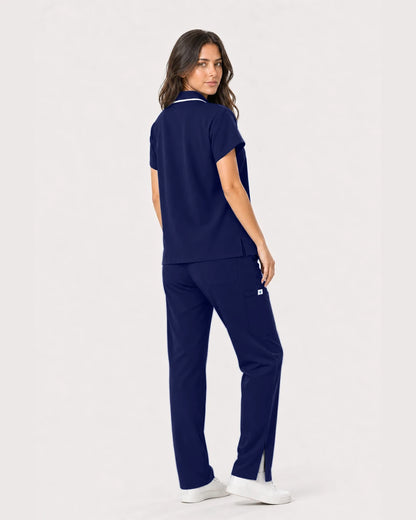 Navy Blue Eipnare Women's Zip Polo Straight-Leg Scrub Set - Stretch Medical Scrubs for Women