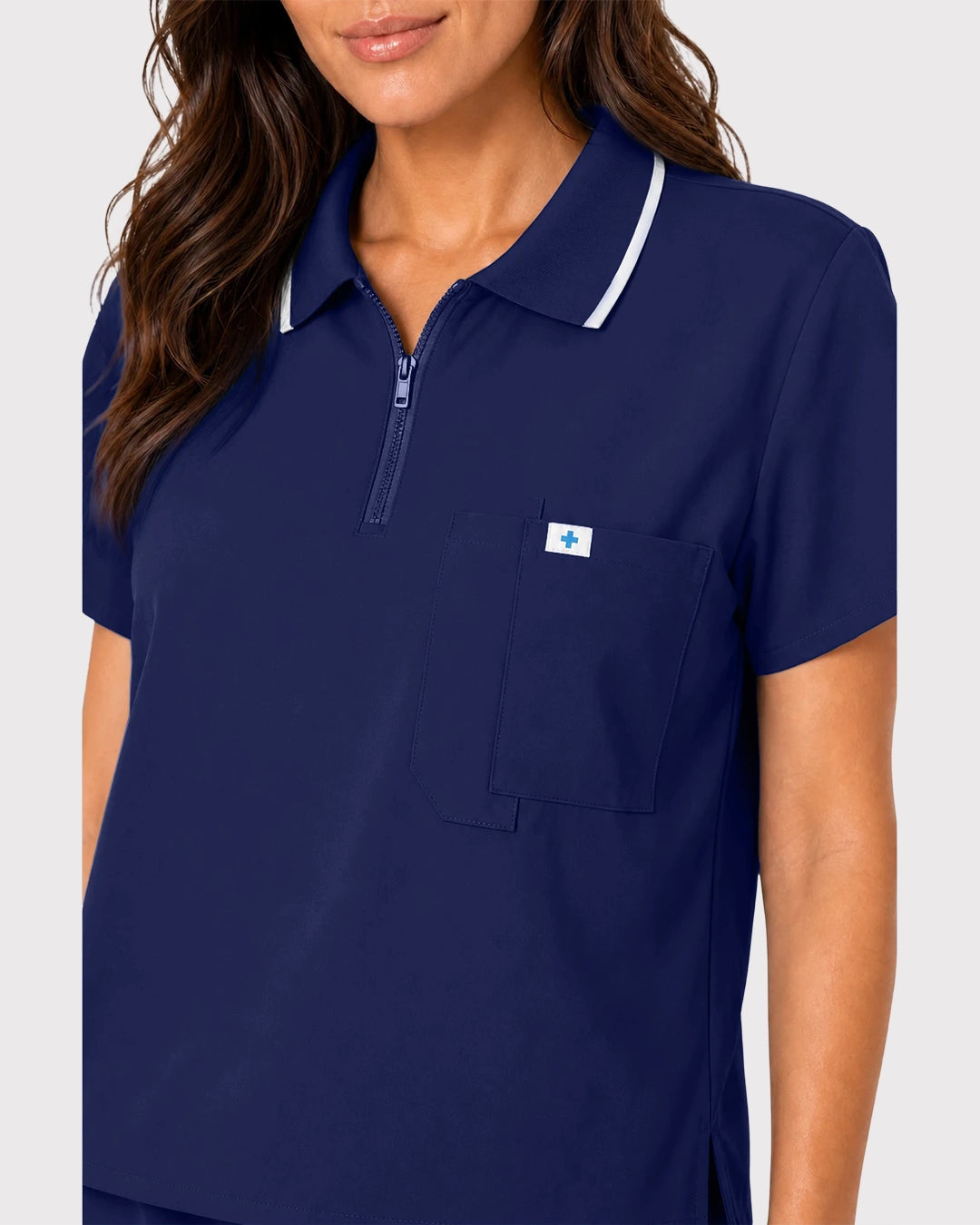 Navy Blue Eipnare Women's Zip Polo Straight-Leg Scrub Set - Stretch Medical Scrubs for Women