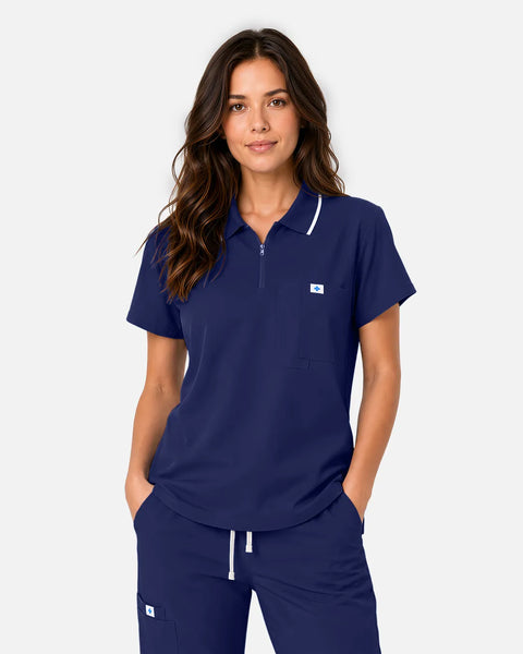 Eipnare Women's Polo-Collar Uniform Top - Navy Blue