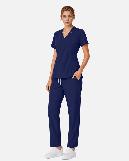 Navy Blue Eipnare Women's Split V-Neck Tapered Scrub Set - Stretch Medical Scrubs for Women
