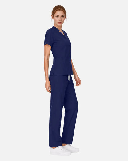 Navy Blue Eipnare Women's Split V-Neck Tapered Scrub Set - Stretch Medical Scrubs for Women