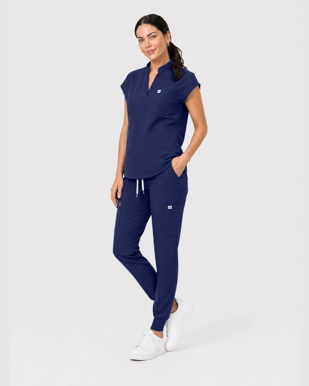 Navy Blue Eipnare Women's Henley Sleeveless Jogger Scrub Set - Stretch Medical Scrubs for Women